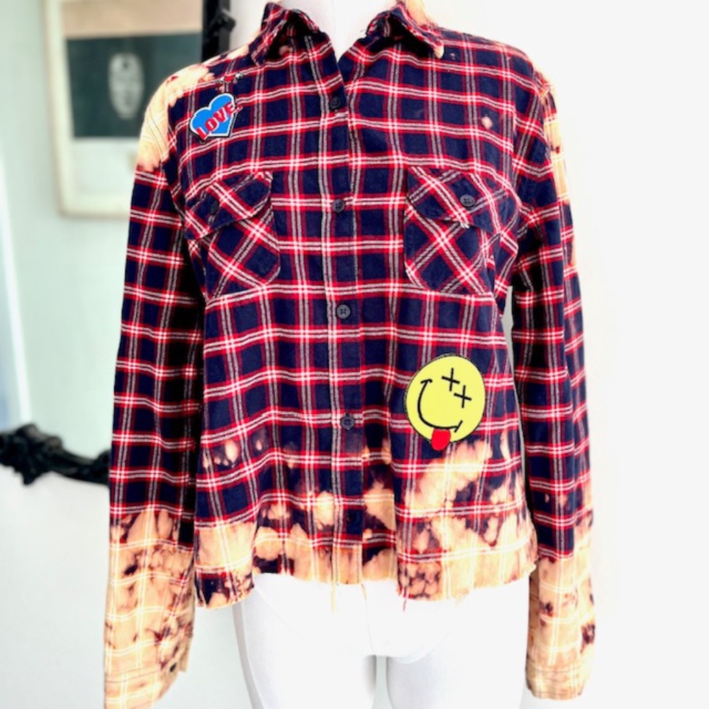 Blue Age Bleached Custom Grunge Flannel with Patches